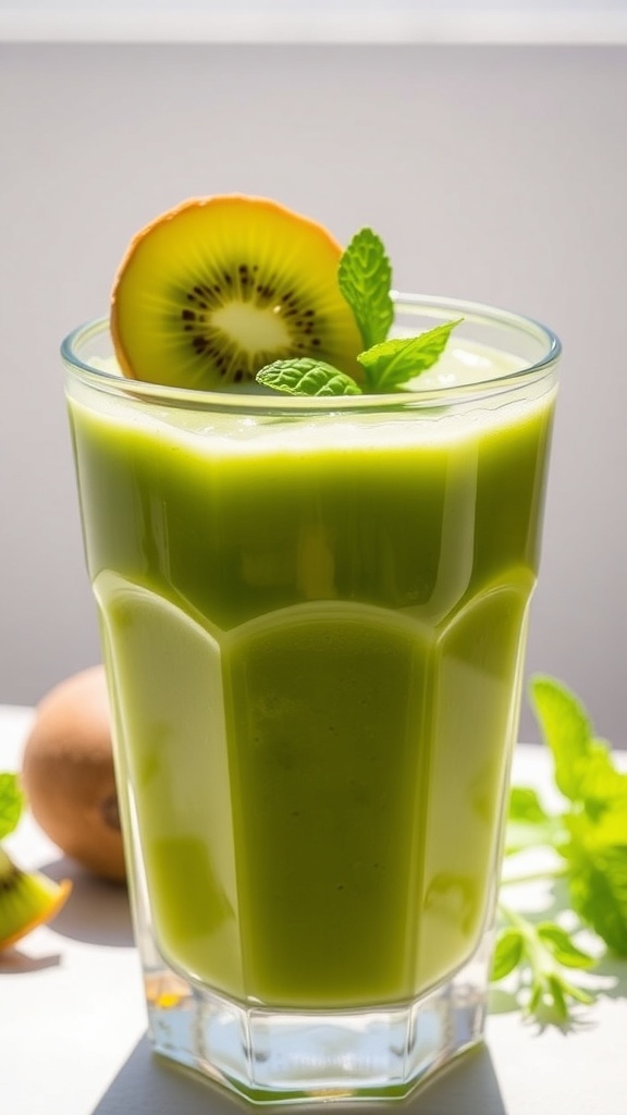 A green kale kiwi smoothie in a glass, garnished with kiwi and mint, on a bright background.